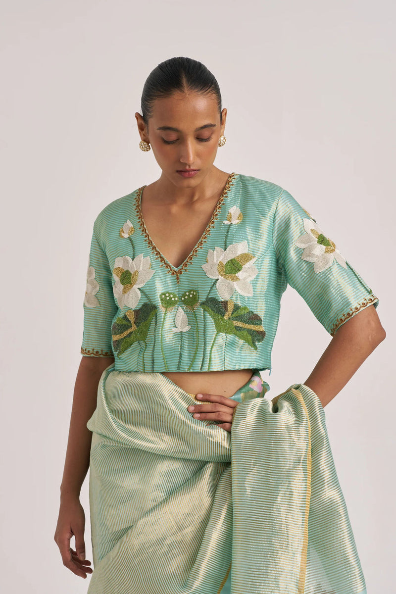 Padma Blouse-Aqua silk linen by Suparna Som in red for women in Singapore