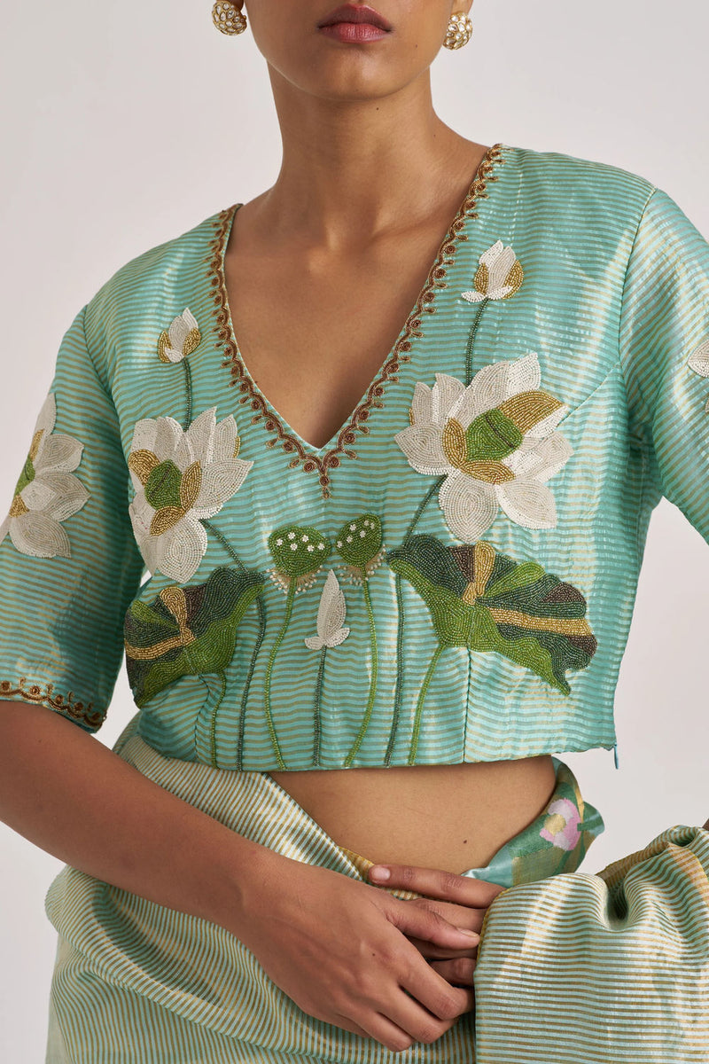 Padma Blouse-Aqua silk linen by Suparna Som in red for women in Singapore