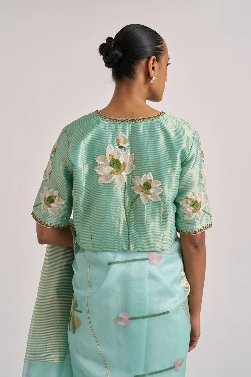 Padma Blouse-Aqua silk linen by Suparna Som in red for women in Singapore