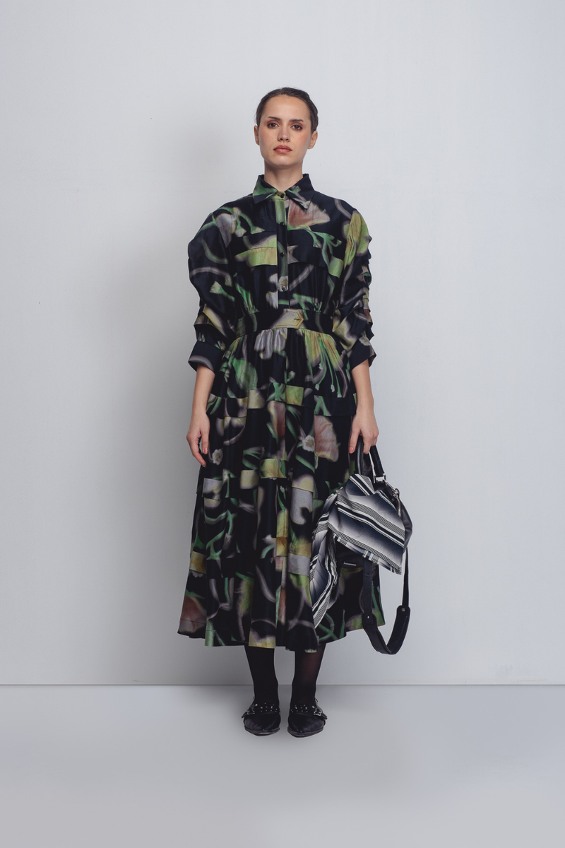 Paron Print Pleated Dress - Paron Print in Black cotton Buy Paron Print Pleated Dress - Paron Print in Black from C&W | Dresses for Women by Leh Studios in black color for women in Singapore