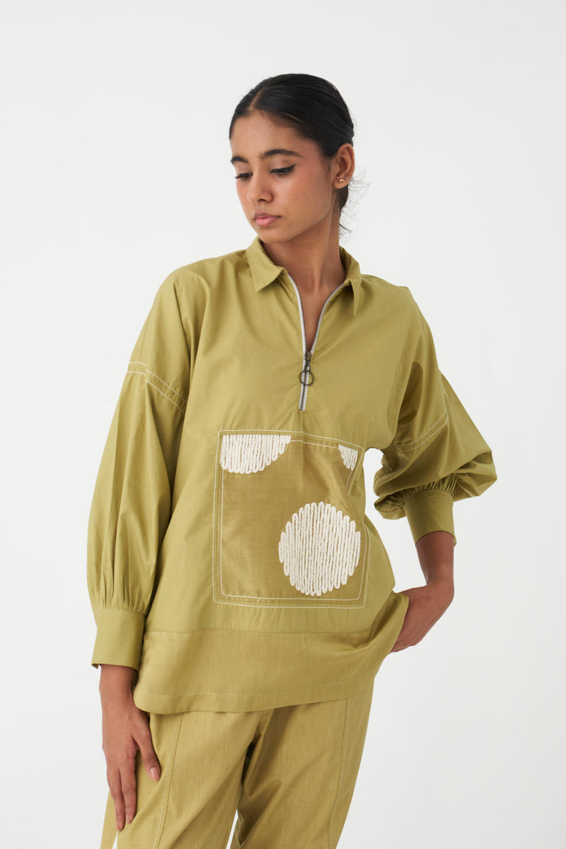 PATCH U-HEM TOP - GREEN poplin by THREE in green color for women in Singapore