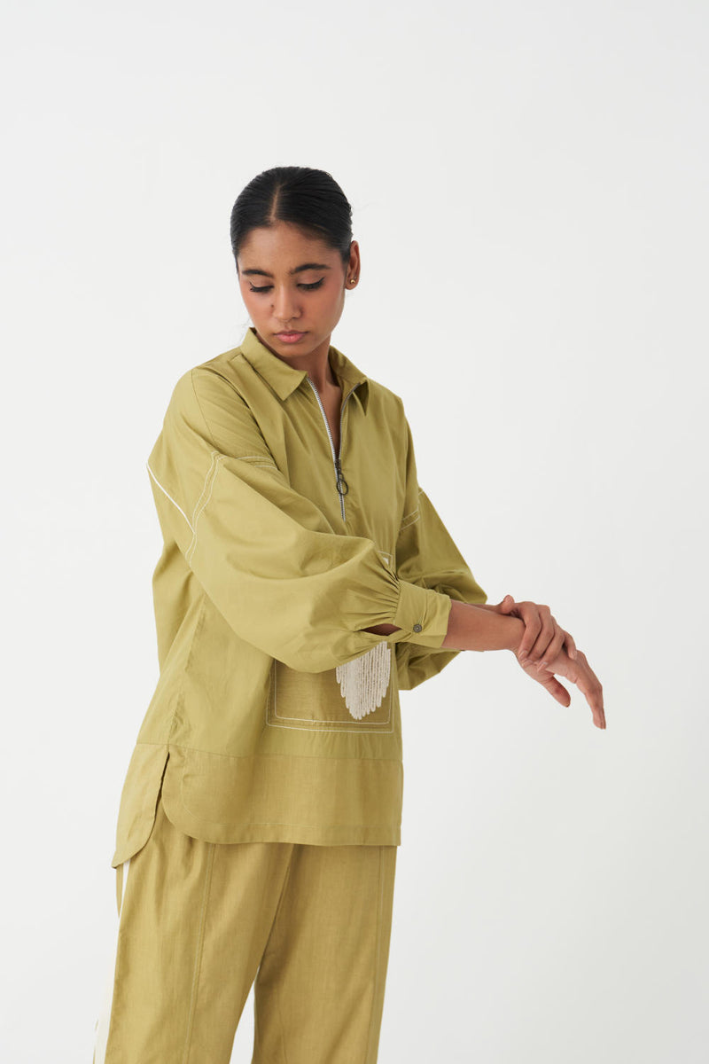 PATCH U-HEM TOP - GREEN poplin by THREE in green color for women in Singapore