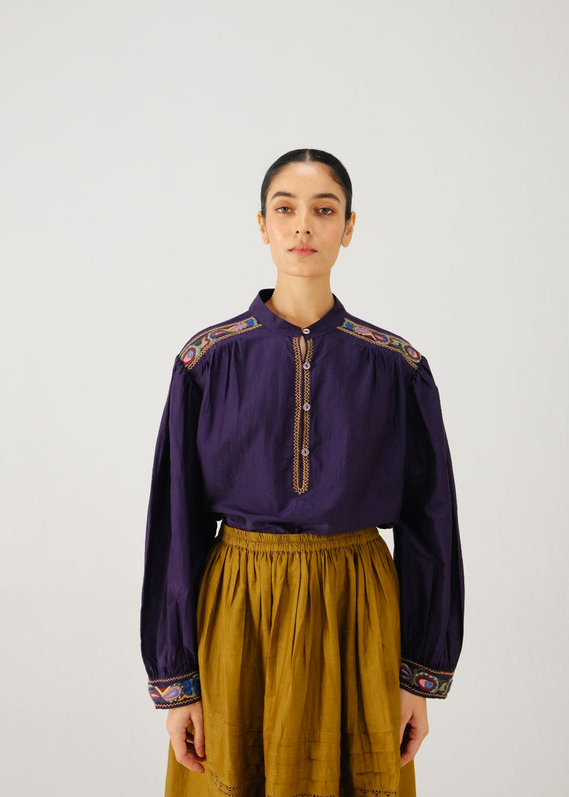Peasant top-Ink band emb. silk by CORD for women in Singapore