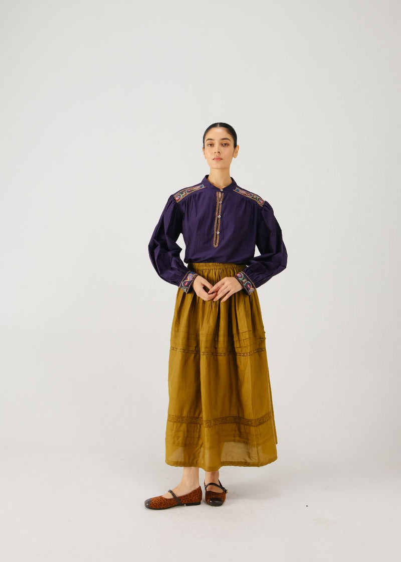 Peasant top-Ink band emb. silk by CORD for women in Singapore