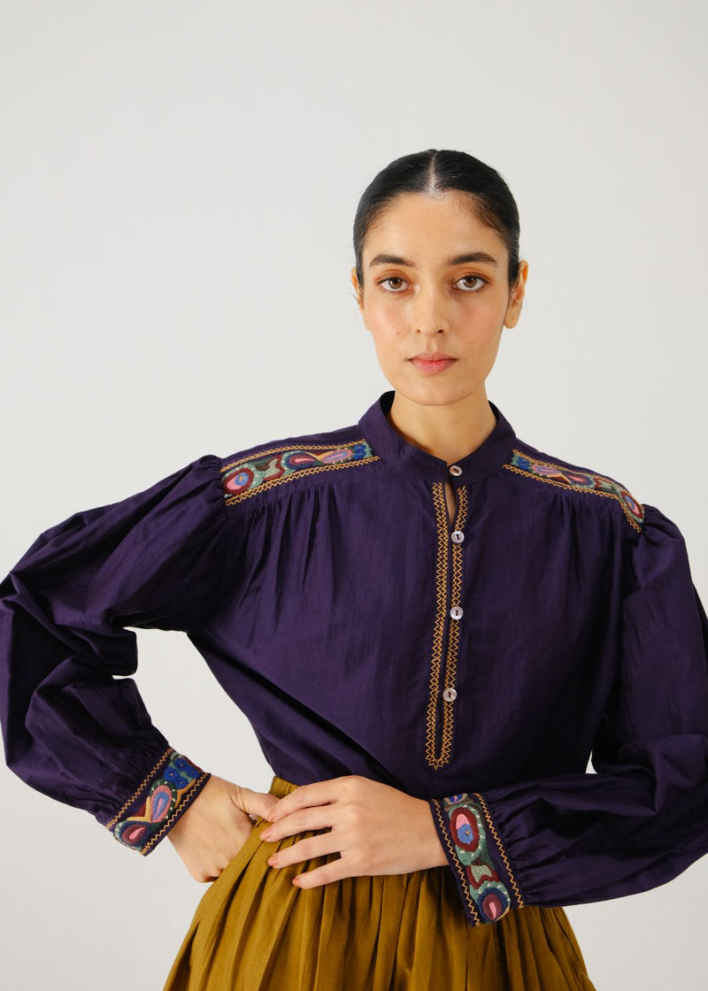 Peasant top-Ink band emb. silk by CORD for women in Singapore