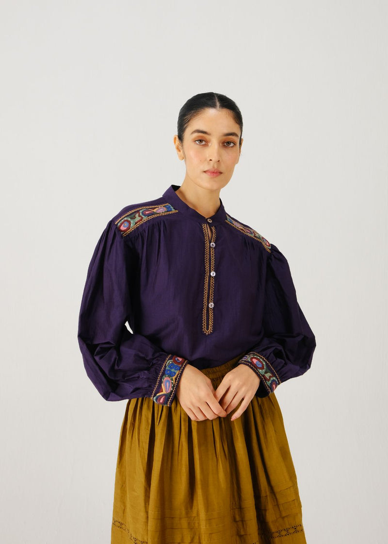 Peasant top-Ink band emb. silk by CORD for women in Singapore