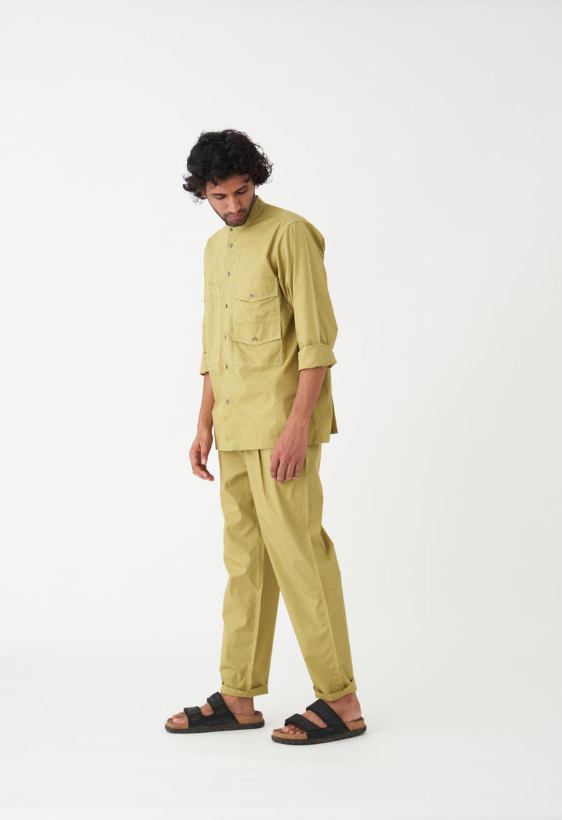 FRONT PLEATE PANT - MOSS GREEN poplin by THREE Men in green color for men in Singapore