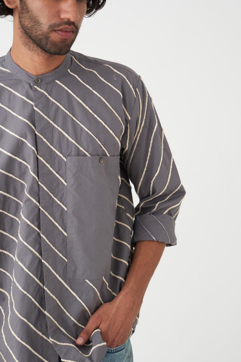 DIAGONAL EMB. SHIRT - GREY poplin by THREE Men in grey color for men in Singapore