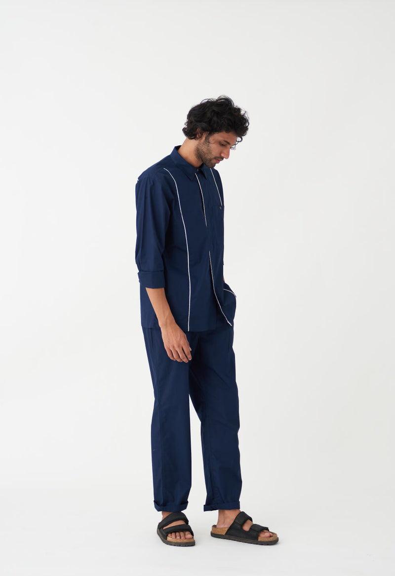 PIPING DETAIL SHIRT CO-ORD - NAVY poplin by THREE Men in navy color for men in Singapore