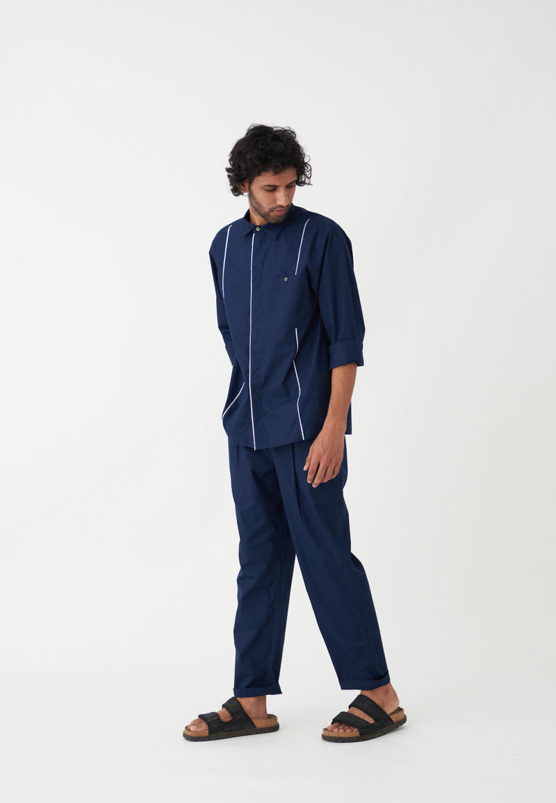 PIPING DETAIL SHIRT CO-ORD - NAVY poplin by THREE Men in navy color for men in Singapore