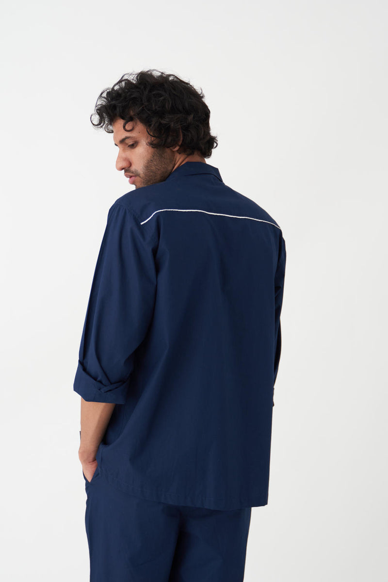 PIPING DETAIL SHIRT CO-ORD - NAVY poplin by THREE Men in navy color for men in Singapore