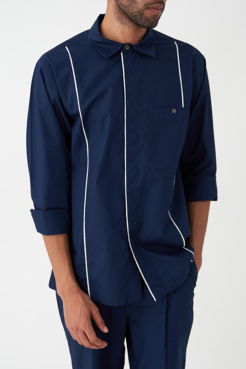 PIPING DETAIL SHIRT - NAVY poplin by THREE Men in navy color for men in Singapore