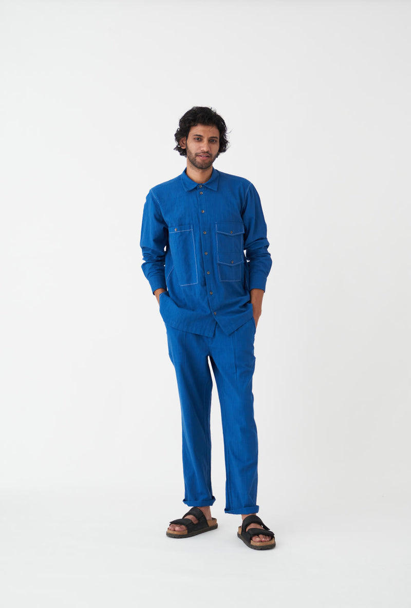 DOUBLE PATCH POCKET SHIRT CO-ORD - ELECTRIC BLUE by THREE Men in blue color for men in Singapore