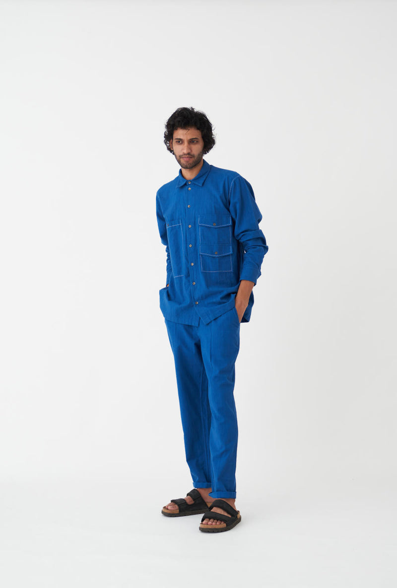 DOUBLE PATCH POCKET SHIRT CO-ORD - ELECTRIC BLUE by THREE Men in blue color for men in Singapore