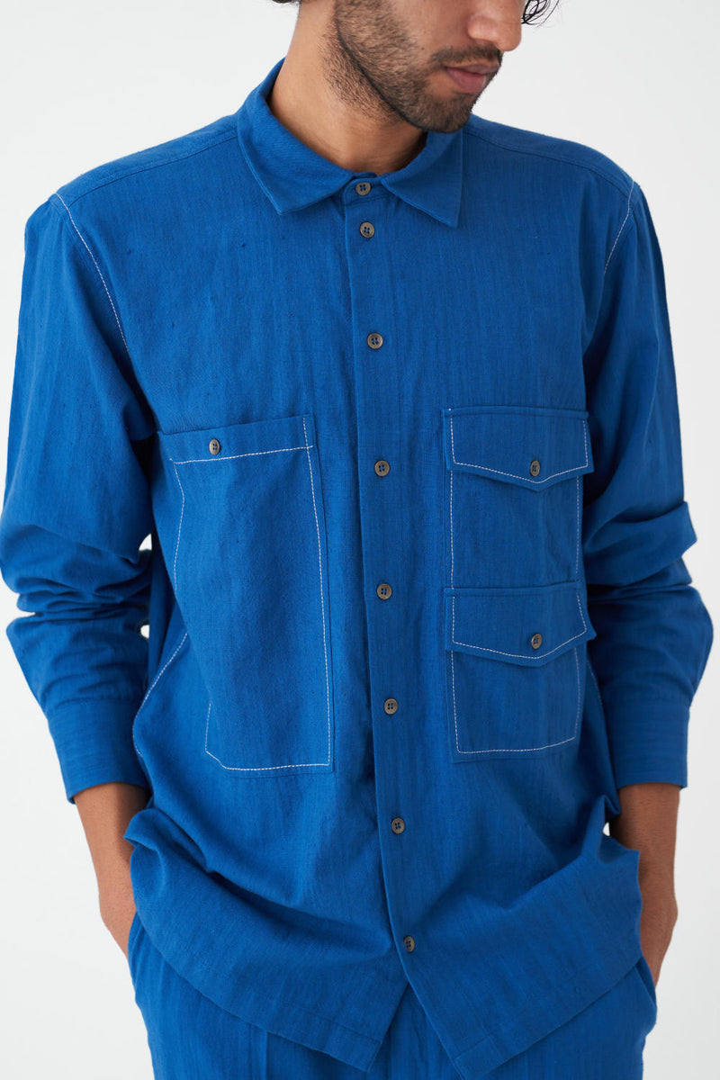 DOUBLE PATCH POCKET SHIRT CO-ORD - ELECTRIC BLUE by THREE Men in blue color for men in Singapore