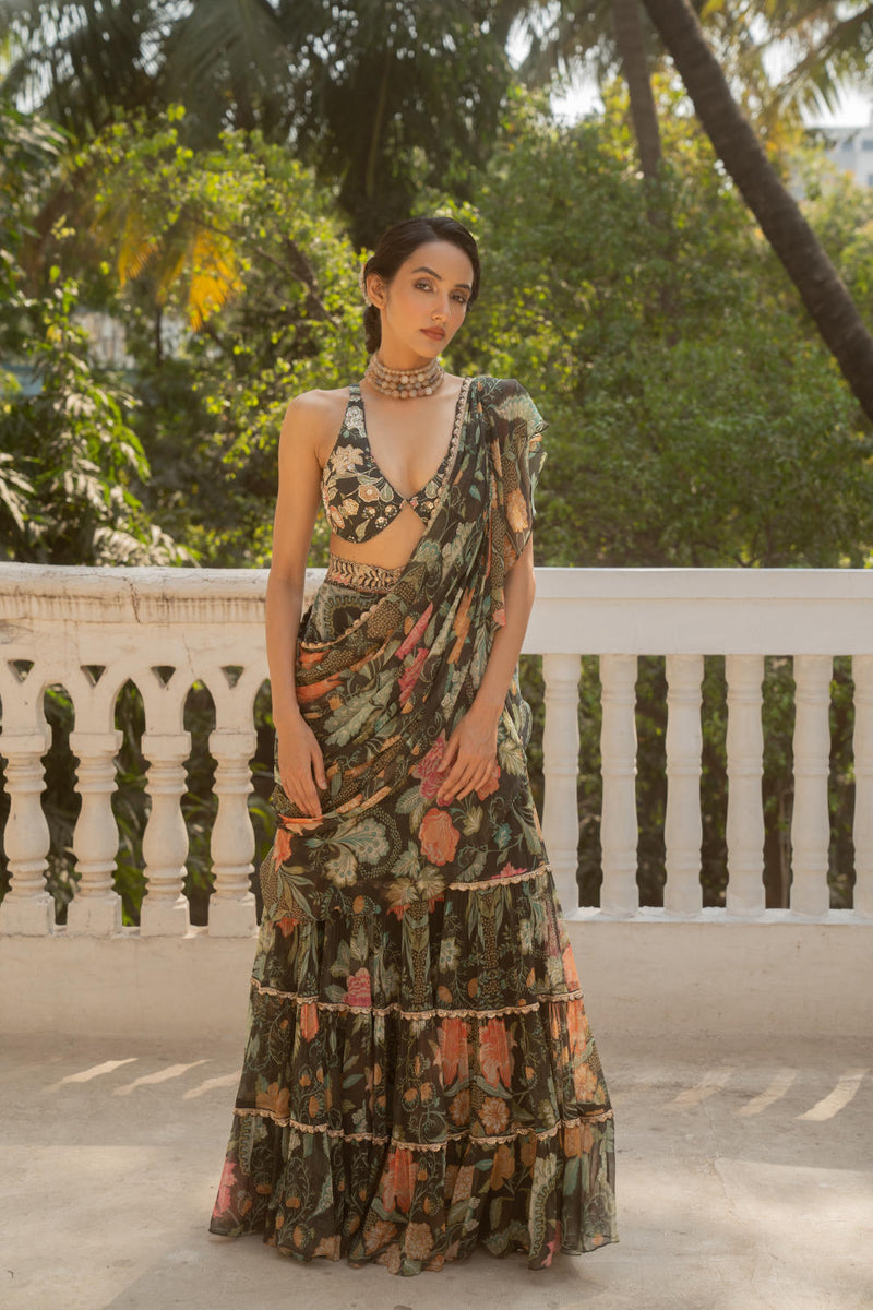 PH-3061 Saree-Black chiffon by Paulmi & Harsh in black color for women in Singapore