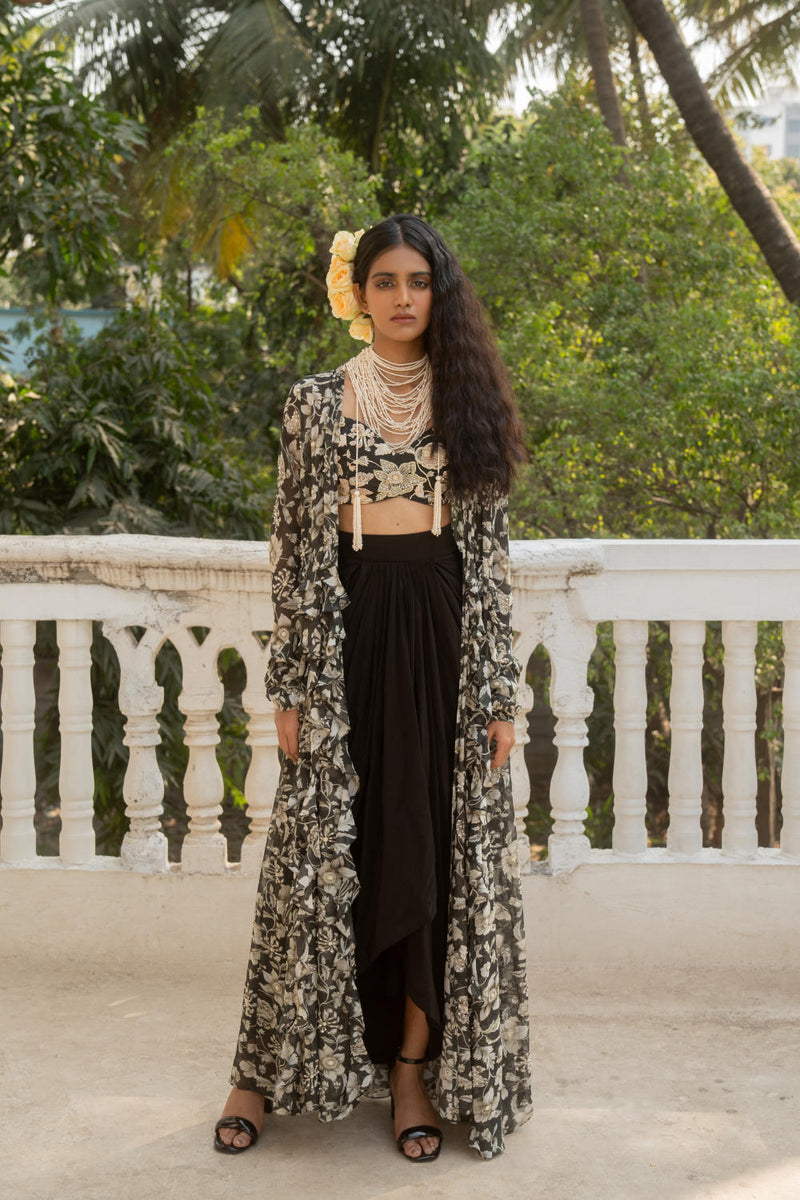 PH-3063 Jacket Skirt Set-Black georgette by Paulmi & Harsh in black color for women in Singapore