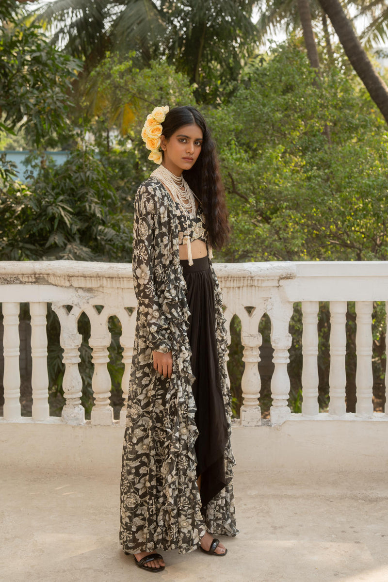PH-3063 Jacket Skirt Set-Black georgette by Paulmi & Harsh in black color for women in Singapore