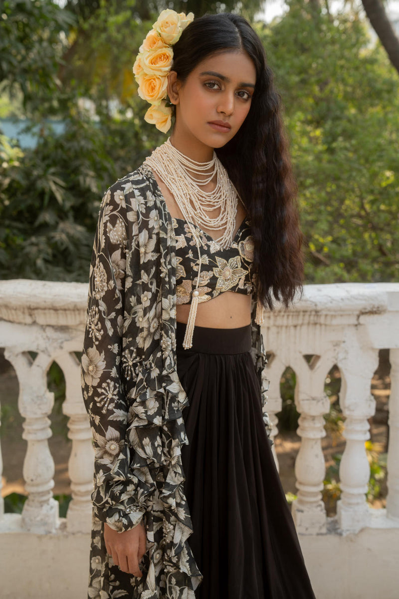PH-3063 Jacket Skirt Set-Black georgette by Paulmi & Harsh in black color for women in Singapore
