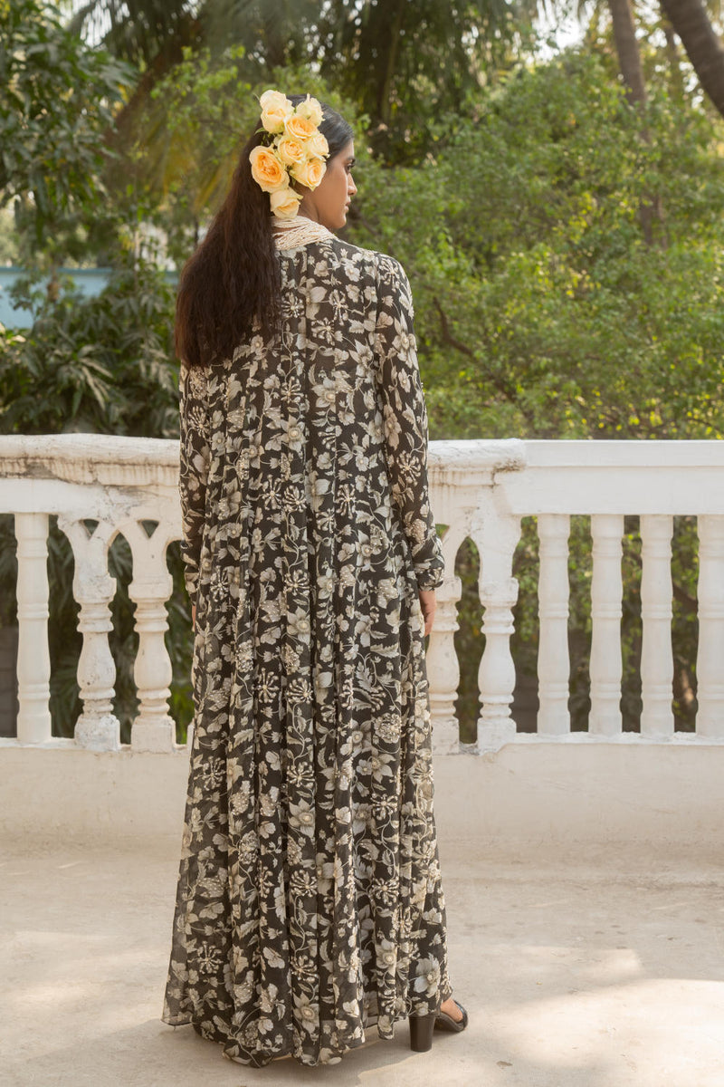 PH-3063 Jacket Skirt Set-Black georgette by Paulmi & Harsh in black color for women in Singapore