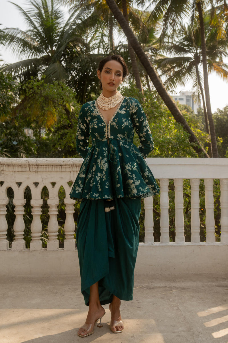 PH-3064 Peplum Skirt Set-Emerald Green by Paulmi & Harsh in green color for women in Singapore