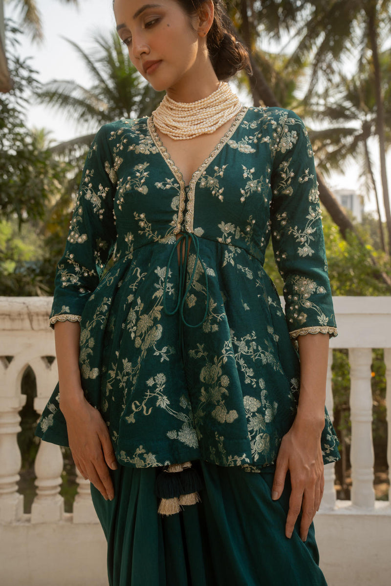 PH-3064 Peplum Skirt Set-Emerald Green by Paulmi & Harsh in green color for women in Singapore