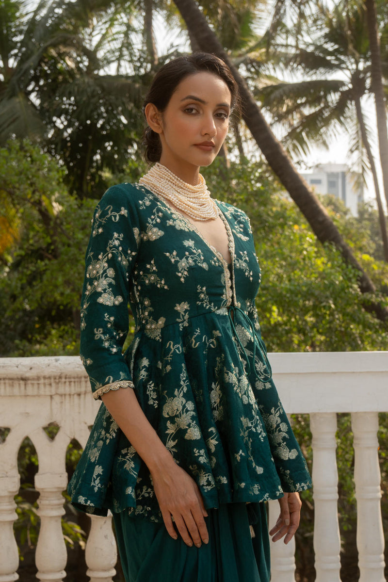 PH-3064 Peplum Skirt Set-Emerald Green by Paulmi & Harsh in green color for women in Singapore
