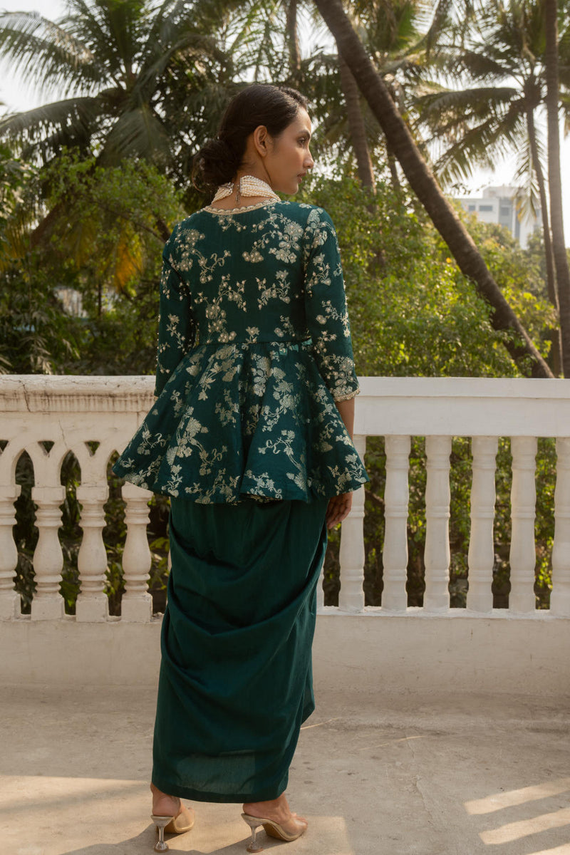 PH-3064 Peplum Skirt Set-Emerald Green by Paulmi & Harsh in green color for women in Singapore