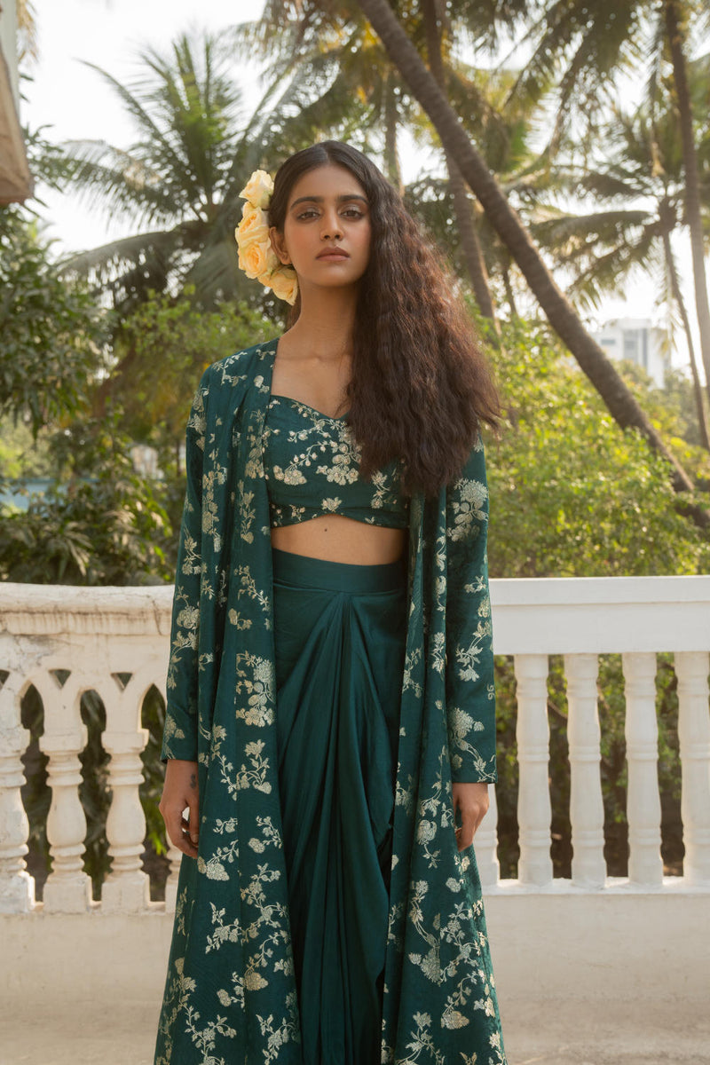 PH-3065 Jacket Skirt Set-Emerald Green by Paulmi & Harsh in green color for women in Singapore