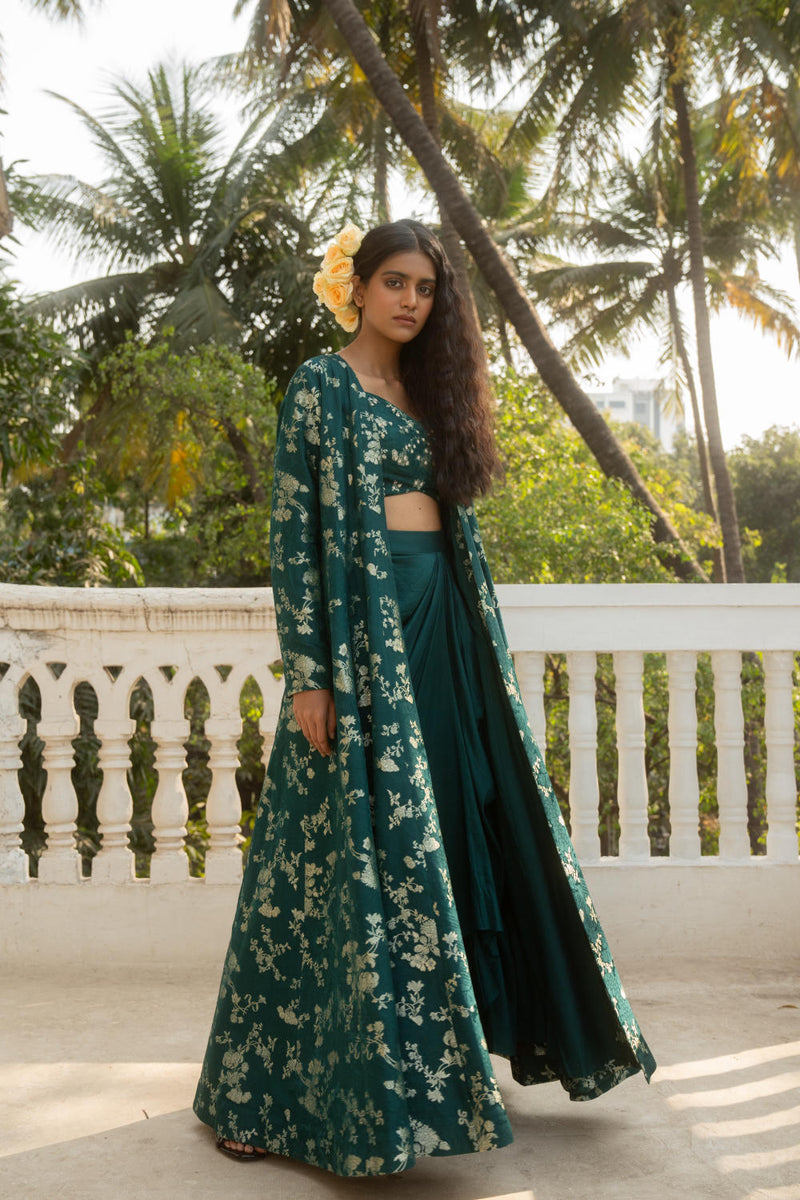 PH-3065 Jacket Skirt Set-Emerald Green by Paulmi & Harsh in green color for women in Singapore