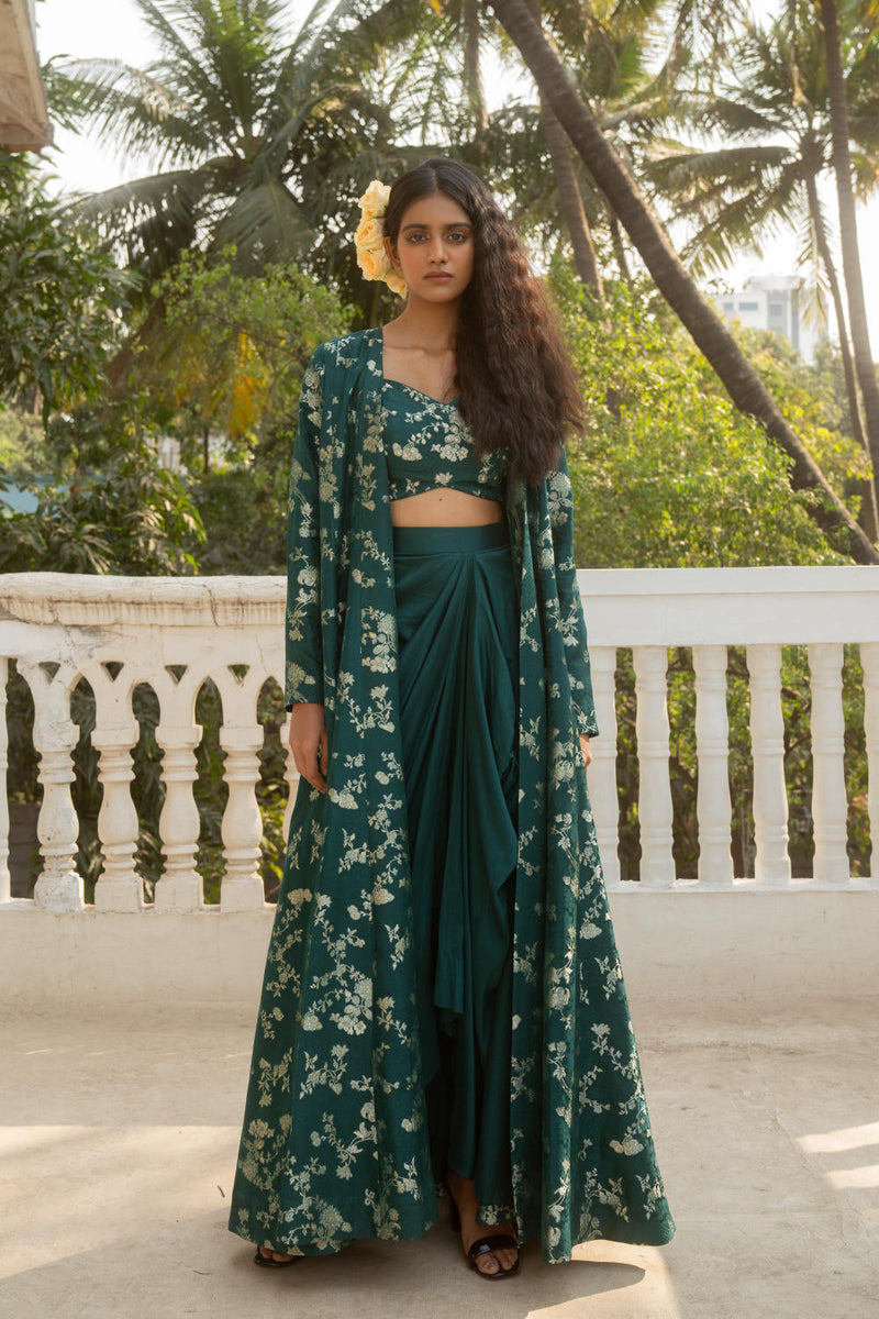 PH-3065 Jacket Skirt Set-Emerald Green by Paulmi & Harsh in green color for women in Singapore