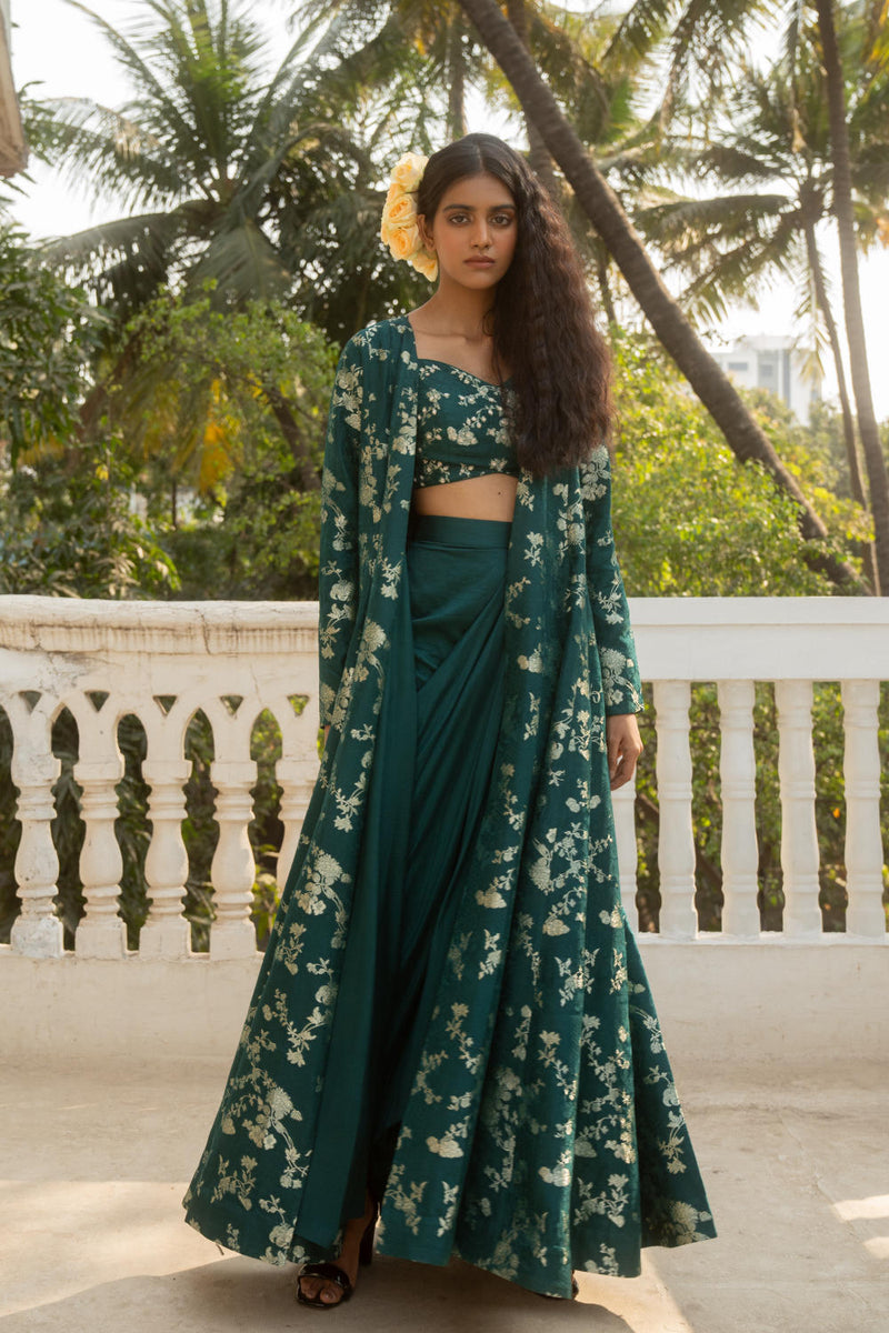 PH-3065 Jacket Skirt Set-Emerald Green by Paulmi & Harsh in green color for women in Singapore