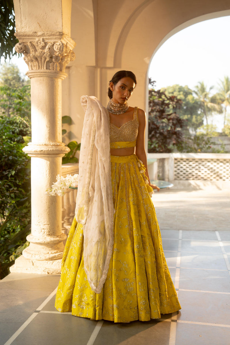 PH-3066 Lehenga Blouse Set-Lime Yellow by Paulmi & Harsh in yellow color for women in Singapore