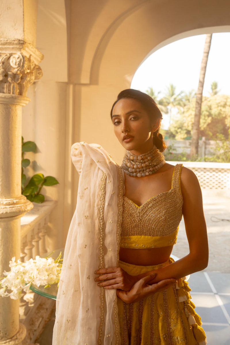 PH-3066 Lehenga Blouse Set-Lime Yellow by Paulmi & Harsh in yellow color for women in Singapore