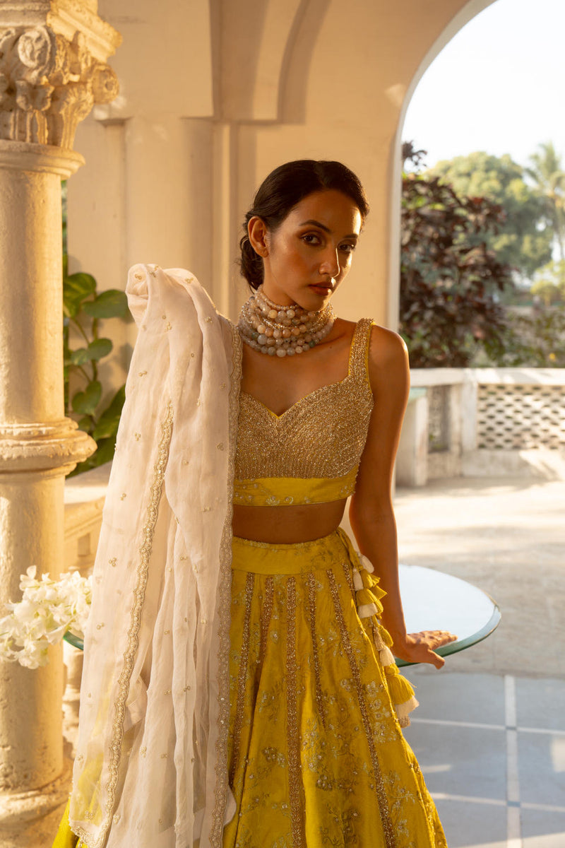 PH-3066 Lehenga Blouse Set-Lime Yellow by Paulmi & Harsh in yellow color for women in Singapore