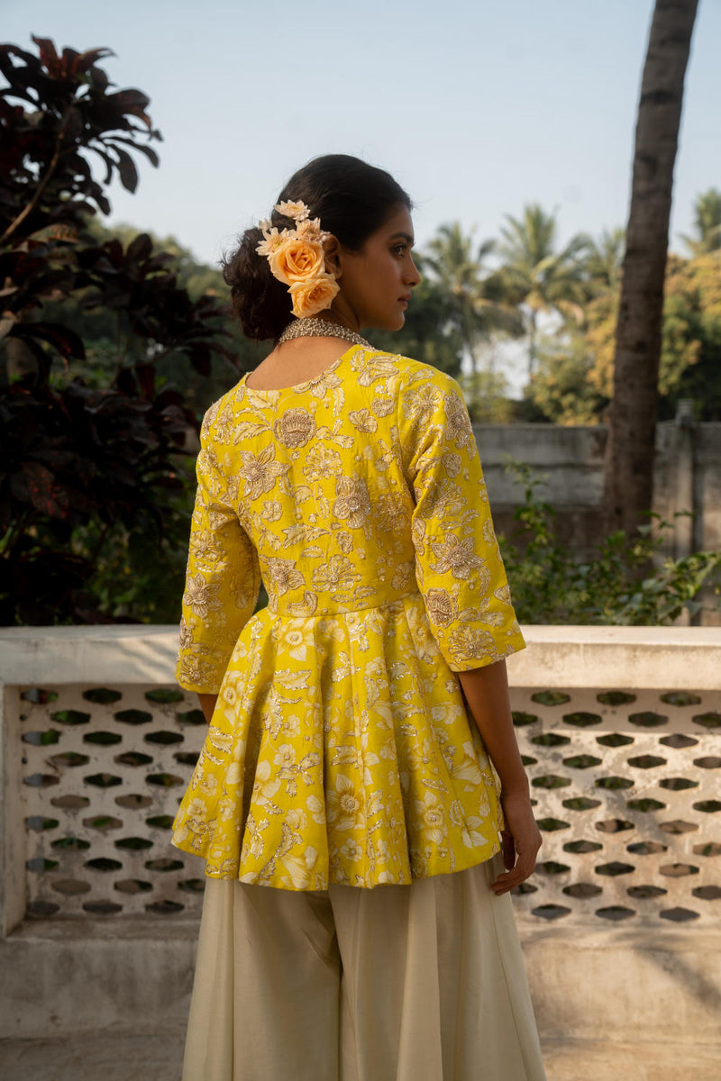 PH-3077 Peplum Palazzo Set-Lime Yellow silk by Paulmi & Harsh in yellow color for women in Singapore