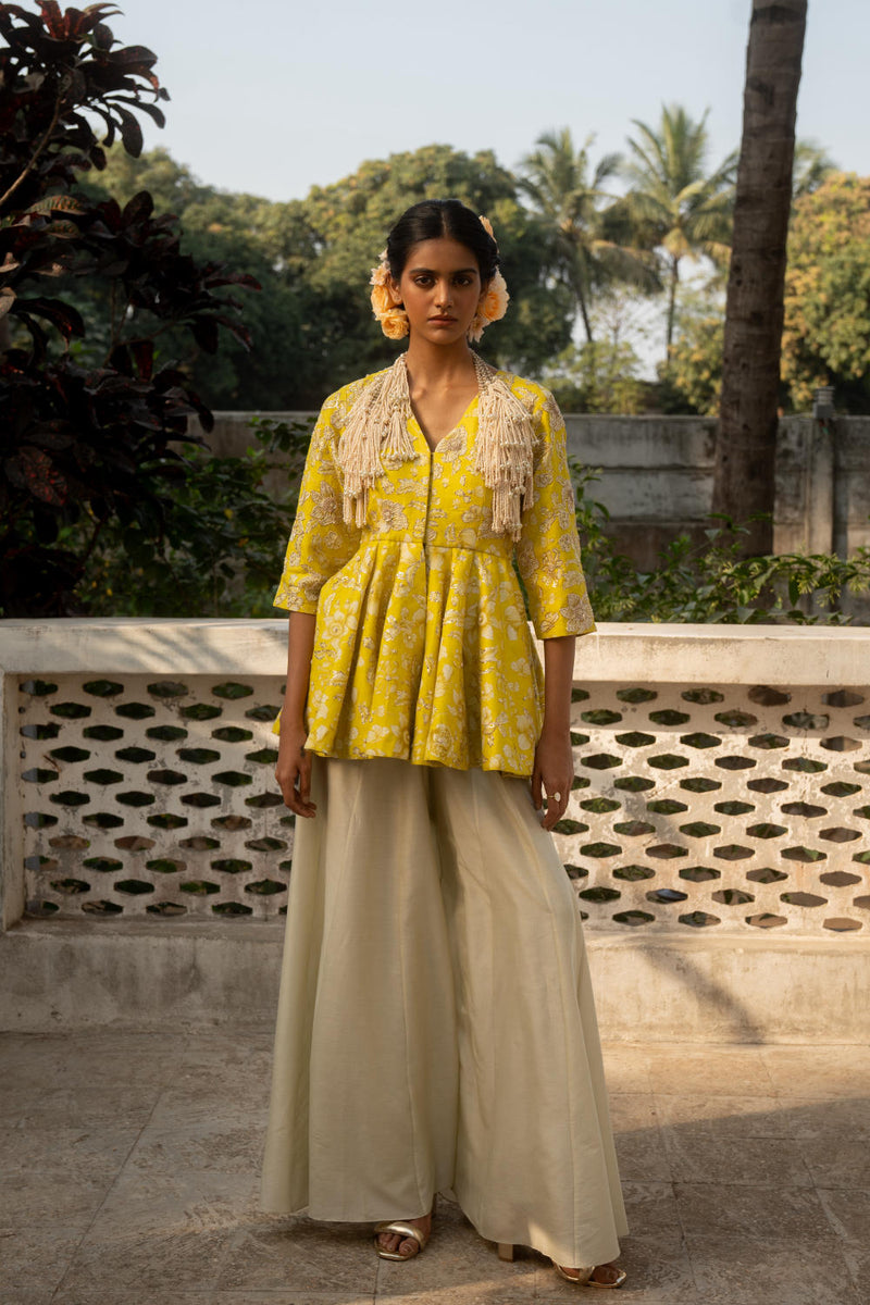 PH-3077 Peplum Palazzo Set-Lime Yellow silk by Paulmi & Harsh in yellow color for women in Singapore