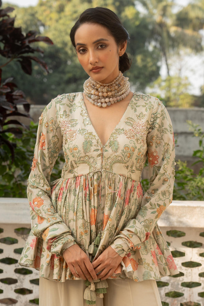 PH-3078 Peplum Palazzo Set-Ivory silk by Paulmi & Harsh in ivory color for women in Singapore
