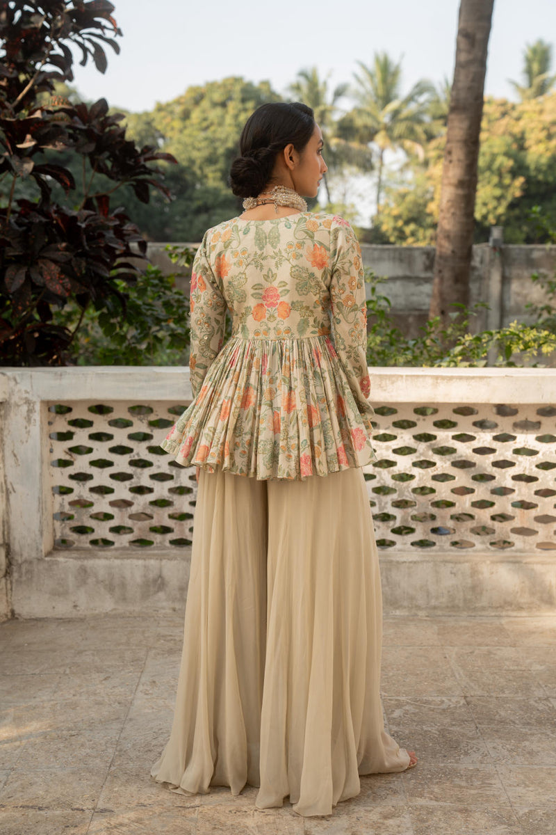 PH-3078 Peplum Palazzo Set-Ivory silk by Paulmi & Harsh in ivory color for women in Singapore