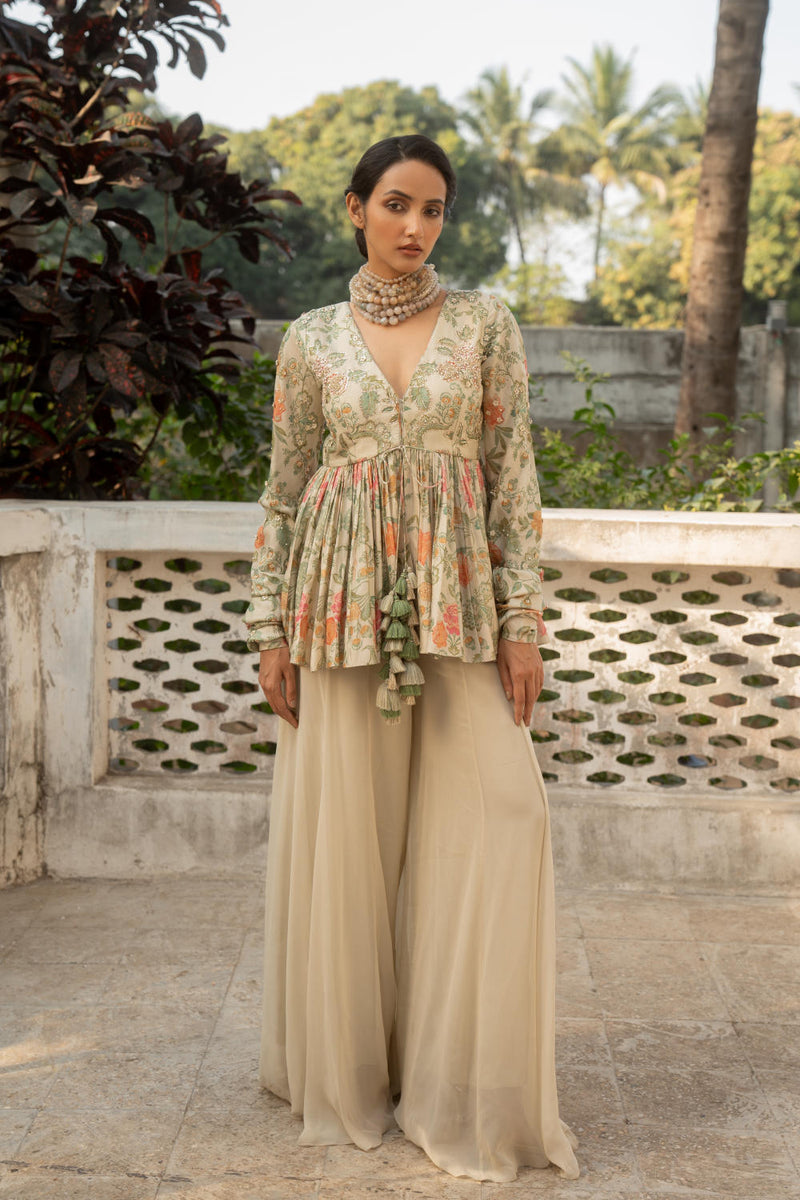 PH-3078 Peplum Palazzo Set-Ivory silk by Paulmi & Harsh in ivory color for women in Singapore