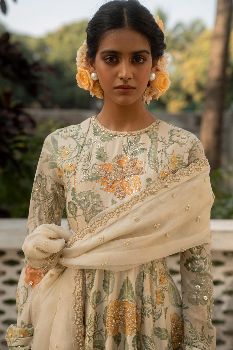 PH-3079 Anarkali Dupatta Set-Ivory silk by Paulmi & Harsh in ivory color for women in Singapore