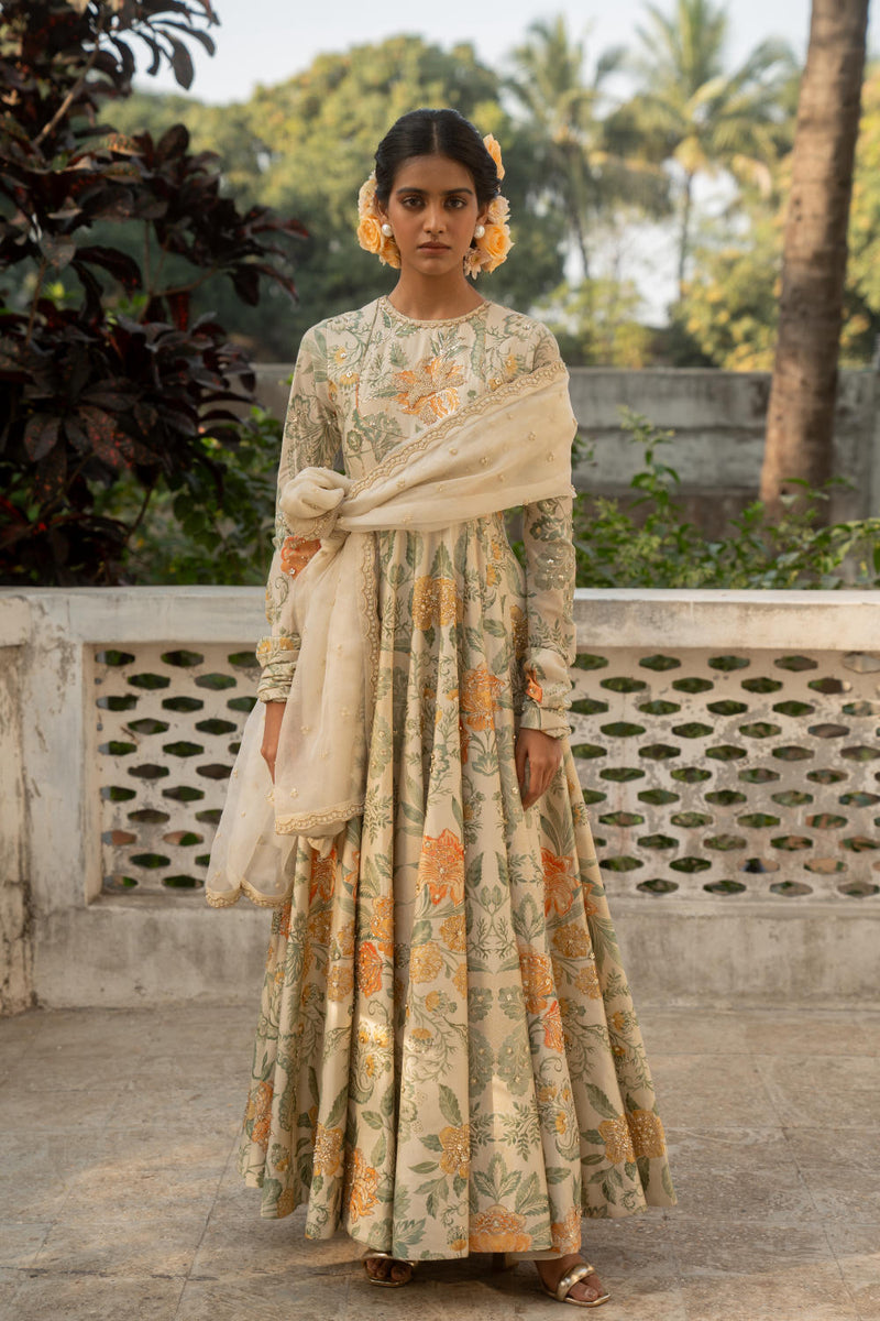 PH-3079 Anarkali Dupatta Set-Ivory silk by Paulmi & Harsh in ivory color for women in Singapore