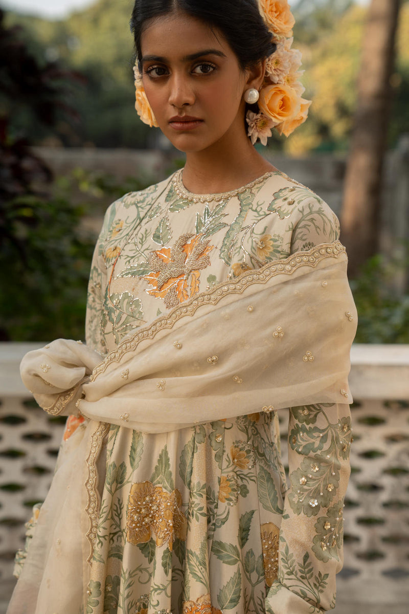 PH-3079 Anarkali Dupatta Set-Ivory silk by Paulmi & Harsh in ivory color for women in Singapore