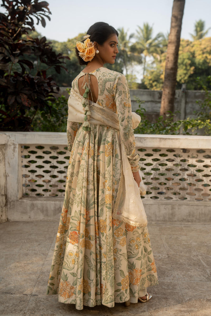 PH-3079 Anarkali Dupatta Set-Ivory silk by Paulmi & Harsh in ivory color for women in Singapore