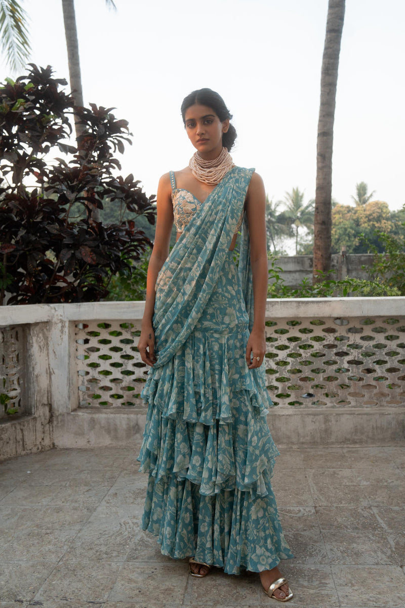 PH-3090 Saree Blouse Set-Ice Blue georgette by Paulmi & Harsh in blue color for women in Singapore