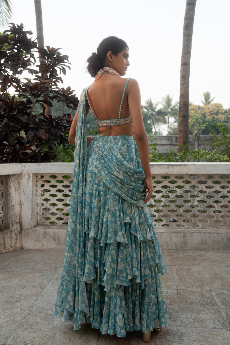 PH-3090 Saree Blouse Set-Ice Blue georgette by Paulmi & Harsh in blue color for women in Singapore