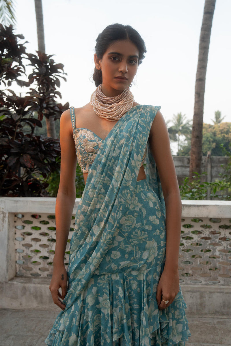 PH-3090 Saree Blouse Set-Ice Blue georgette by Paulmi & Harsh in blue color for women in Singapore