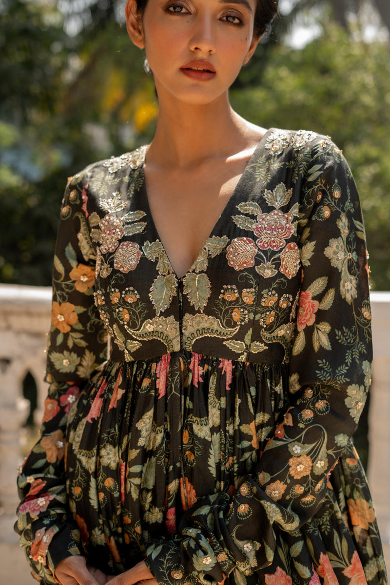 PH-3098 Peplum Skirt set-Black silk by Paulmi & Harsh in black color for women in Singapore