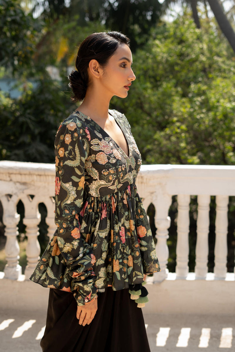 PH-3098 Peplum Skirt set-Black silk by Paulmi & Harsh in black color for women in Singapore