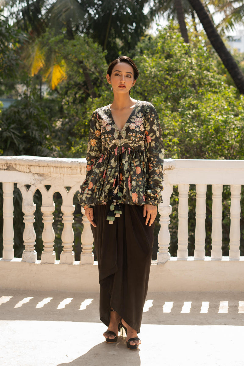 PH-3098 Peplum Skirt set-Black silk by Paulmi & Harsh in black color for women in Singapore